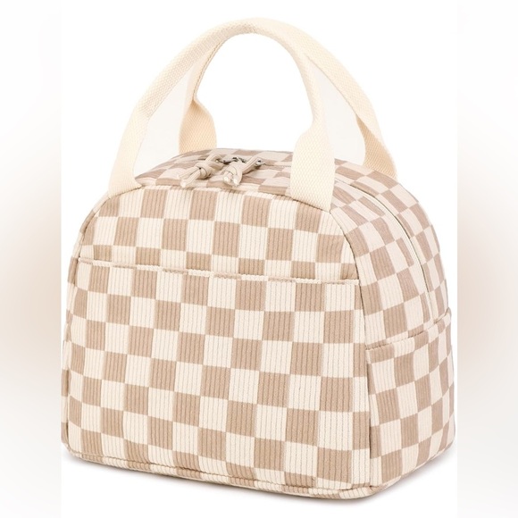 Corduroy Insulated Beige Checkered Lunch Box - Picture 1 of 4